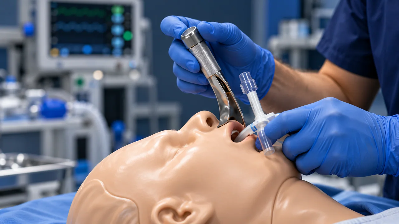 Escena ilustrativa de una intubación practicada sobre un maniquí de simulación.