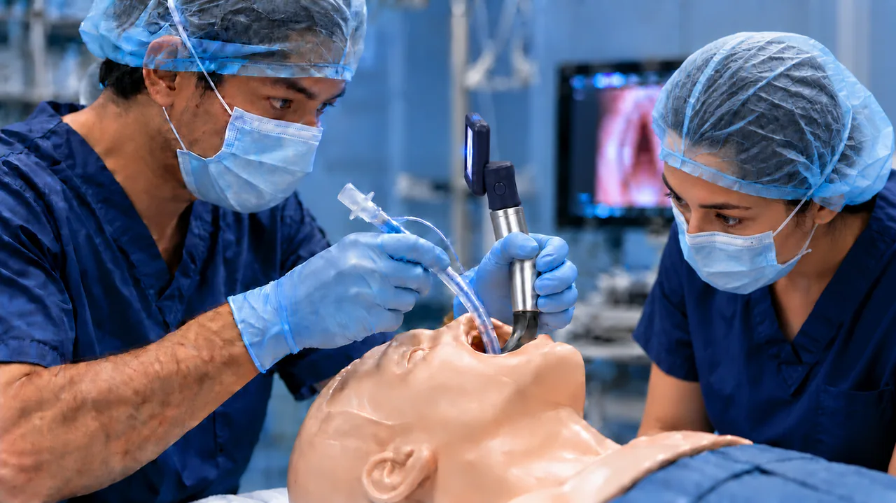 Escena ilustrativa: un médico intuba un maniquí de simulación con un videolaringoscopio, mirando su pantalla, mientras una asistente observa la maniobra.